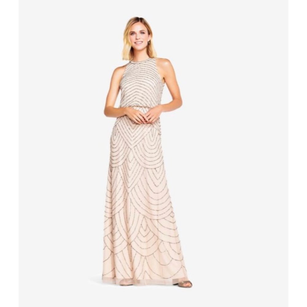 Adrianna Papell Art Deco Beaded Blouson Dress Nude Size 6